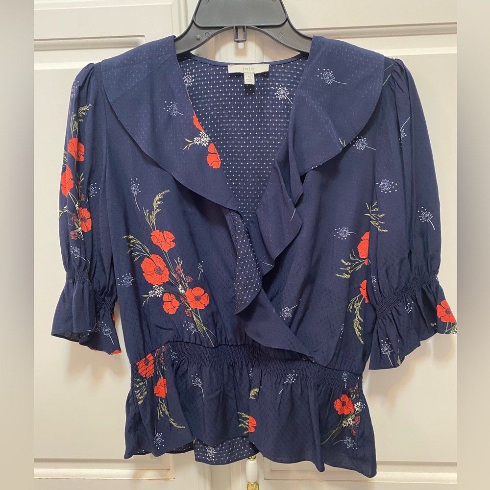 Joie Ottoline Blouse Navy Blue Flower Dot Print Ruffle V-neck Women’s Size XS